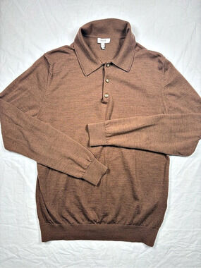 Reiss Trafford Merino Wool Long-Sleeve Polo Shirt Brown Large